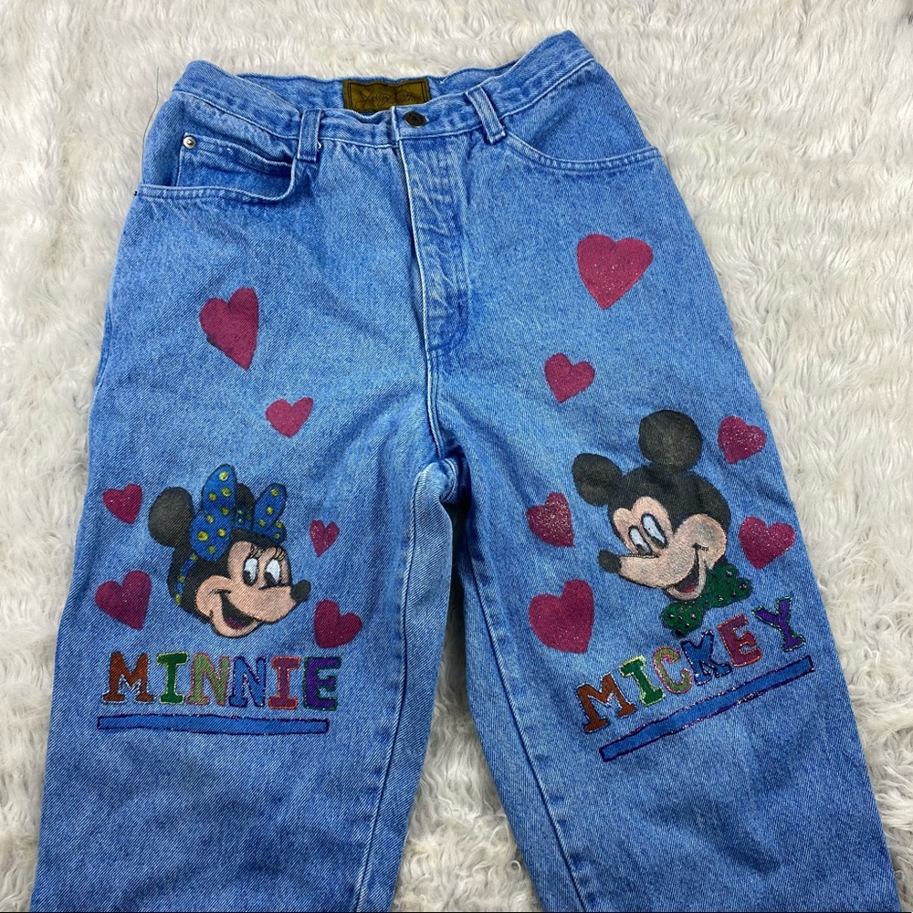 Vintage Women's High Rise Jeans - Blue with hand painted Mickey and Minnie Mouse